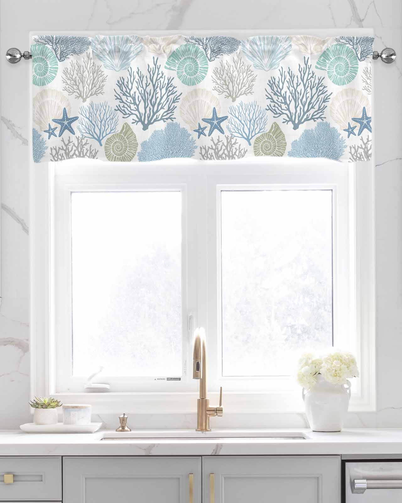 Blue Coastal Kitchen Valances for Windows Farmhouse Linen Window Valance Curtain for Living Room Window Treatment Summer Ocean Beach Starfish Shell Coral Valance Rod Pocket Topper Drape, 42 x 18 Inch