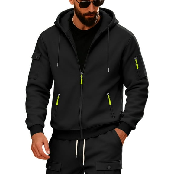 Mens Full Zip Up Cargo Hoodie Drawstring Multi Zipper Pockets Fleece Lined Outdoor Sweatshirt Jackets Black 3XL
