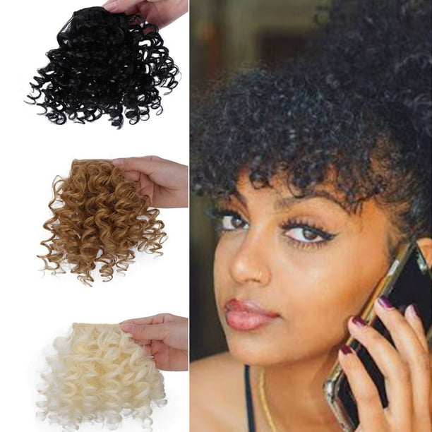 Black Medium Afro Curly Side Bang Synthetic Hair Wig Fro Black Women