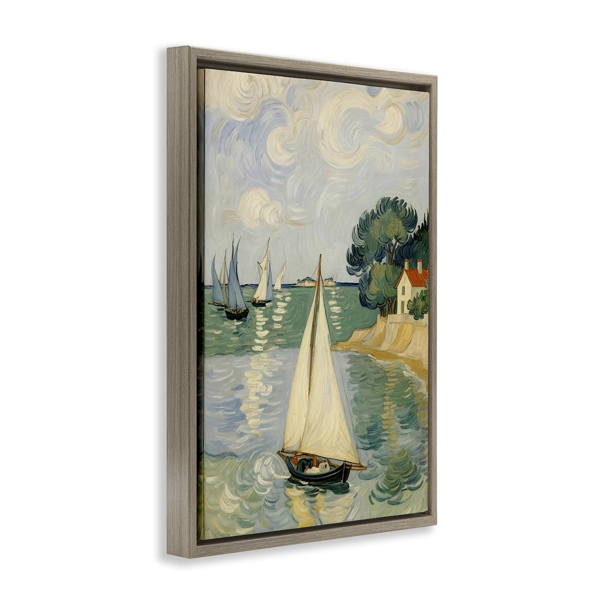 Stupell Industries Coastal Sailboats Under Swirling Clouds Brown Framed Floater Canvas Wall Art, design by Angie Hawke