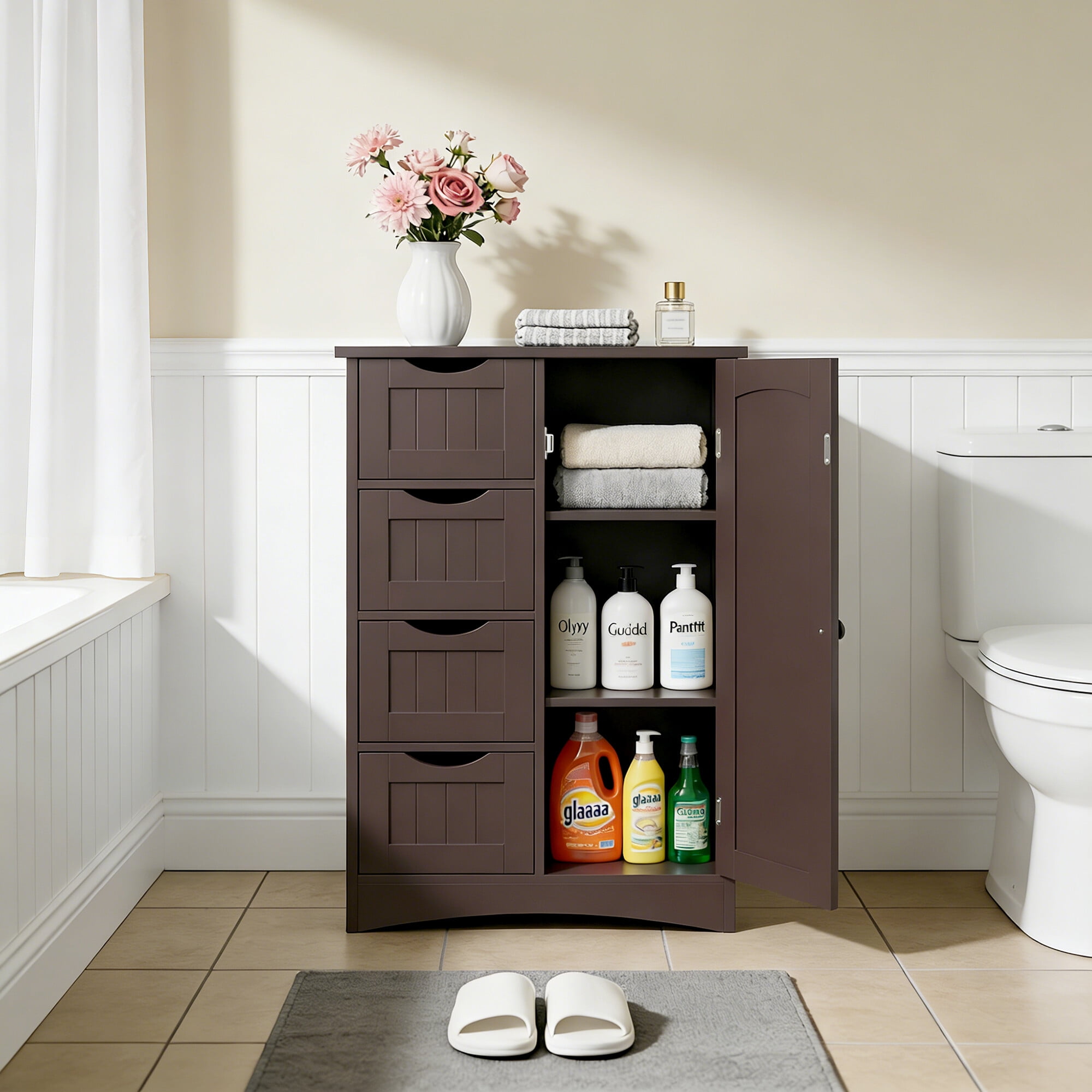 ZENY Bathroom Floor Cabinet, Freestanding Storage Cabinet with 4 Drawers and Adjustable Shelves, Modern Cupboard for Home Living Room Office, Brown
