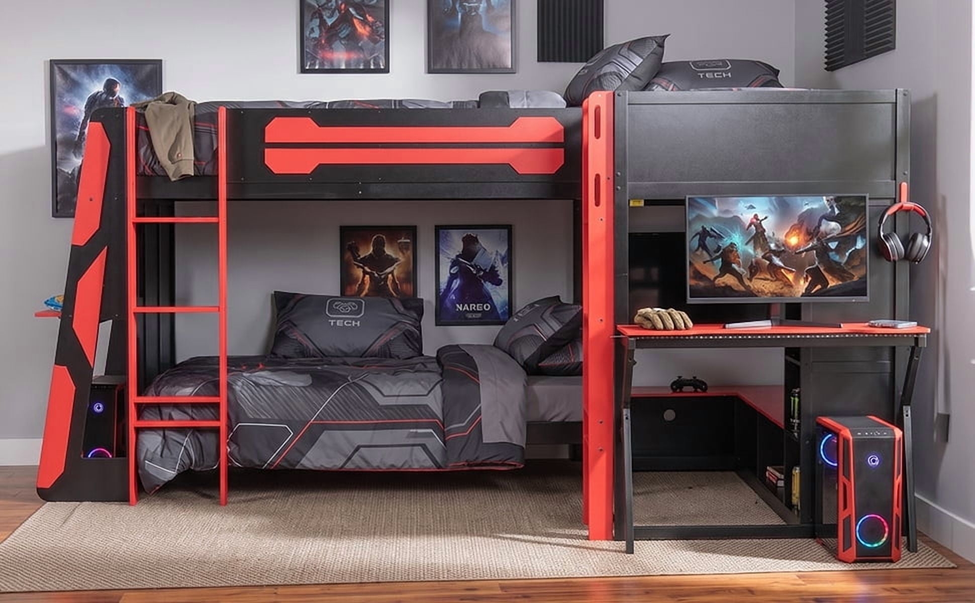 Mintazer L-Shaped Triple Twin Gaming Bunk Bed with 2 Gaming Desks & RGB LED Lights, Triple Bed Frame with USB Charging, TV Stand & Storage Shelves for Bedroom, Black & Purple