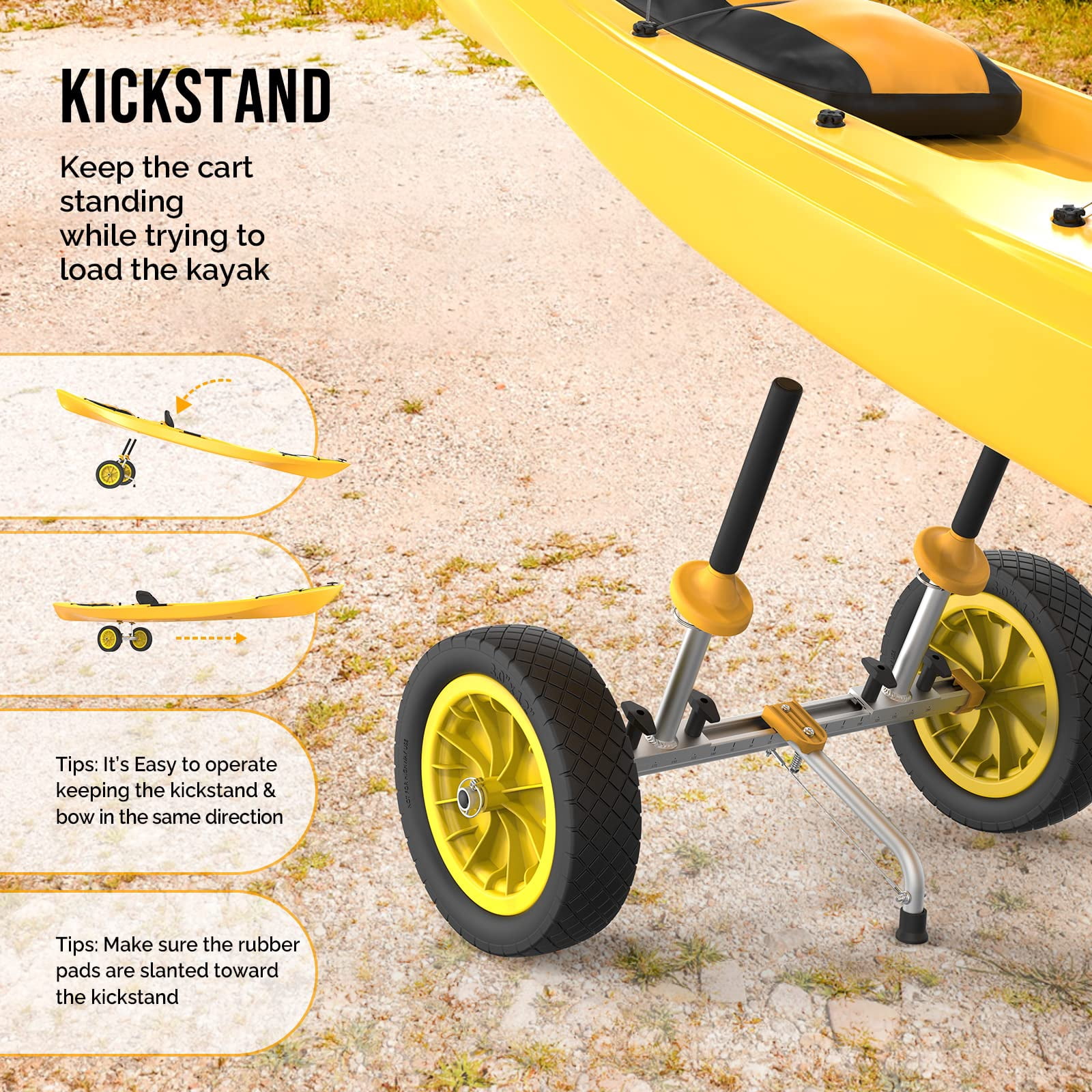 Kayak Cart with Solid Tires, Detachable Canoe Dolly, No Straps Needed, Kickstand for Stability, Fits Most Kayaks with 1" Drainage Holes, Easy to Assemble, Black