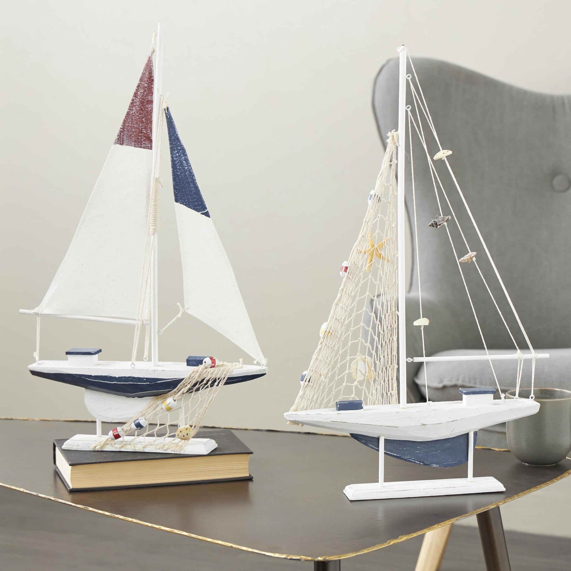 22"H, 13"W White Wood Handmade Sail Boat Sculpture, by DecMode (2 Count)