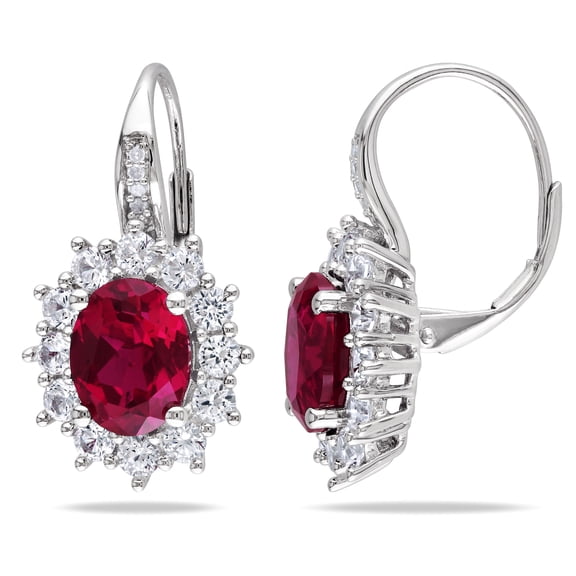 Everly Women's 8ct Created Ruby Created White Sapphire & Diamond Accent Silver Halo Drop Earrings