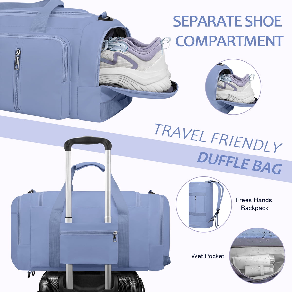 XUEYU Gym Duffle Bag Backpack Waterproof Sports Duffel Bags Travel Weekender Bag for Men Women Overnight Bag with Shoes Compartment Blue