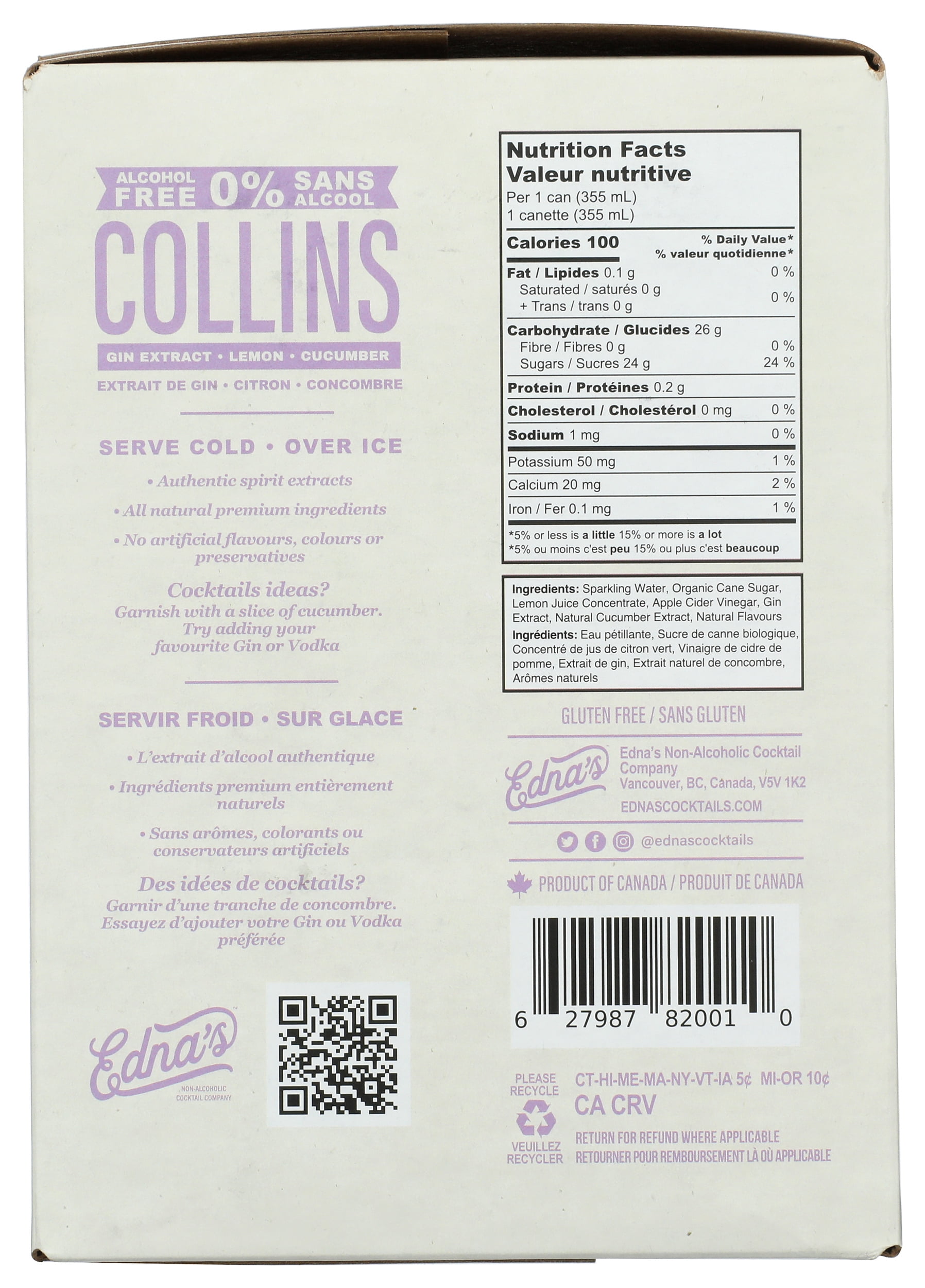 Pack of 6, Ednas Non Alcoholic Cockt Collins Lemon Cucumber Gin Extract, 48 fo