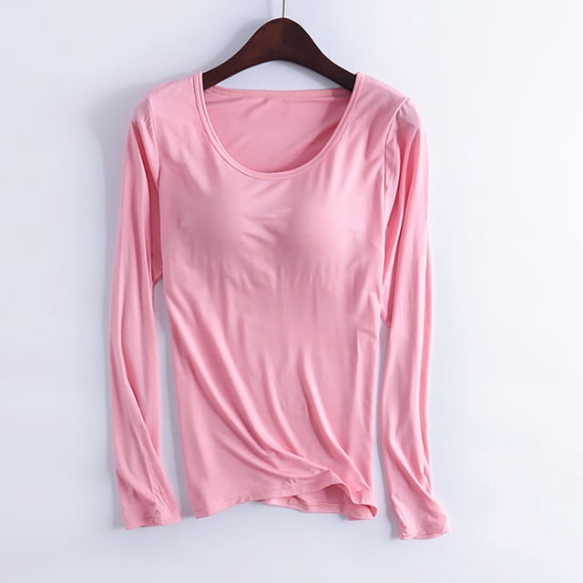 Leodye Femmes Modal Coton avec Bonnets Rembourrés sous-Vêtements Manches Longues Col Rond Haut Mince Tenue d'Intérieur Pyjama Rose 4(S)