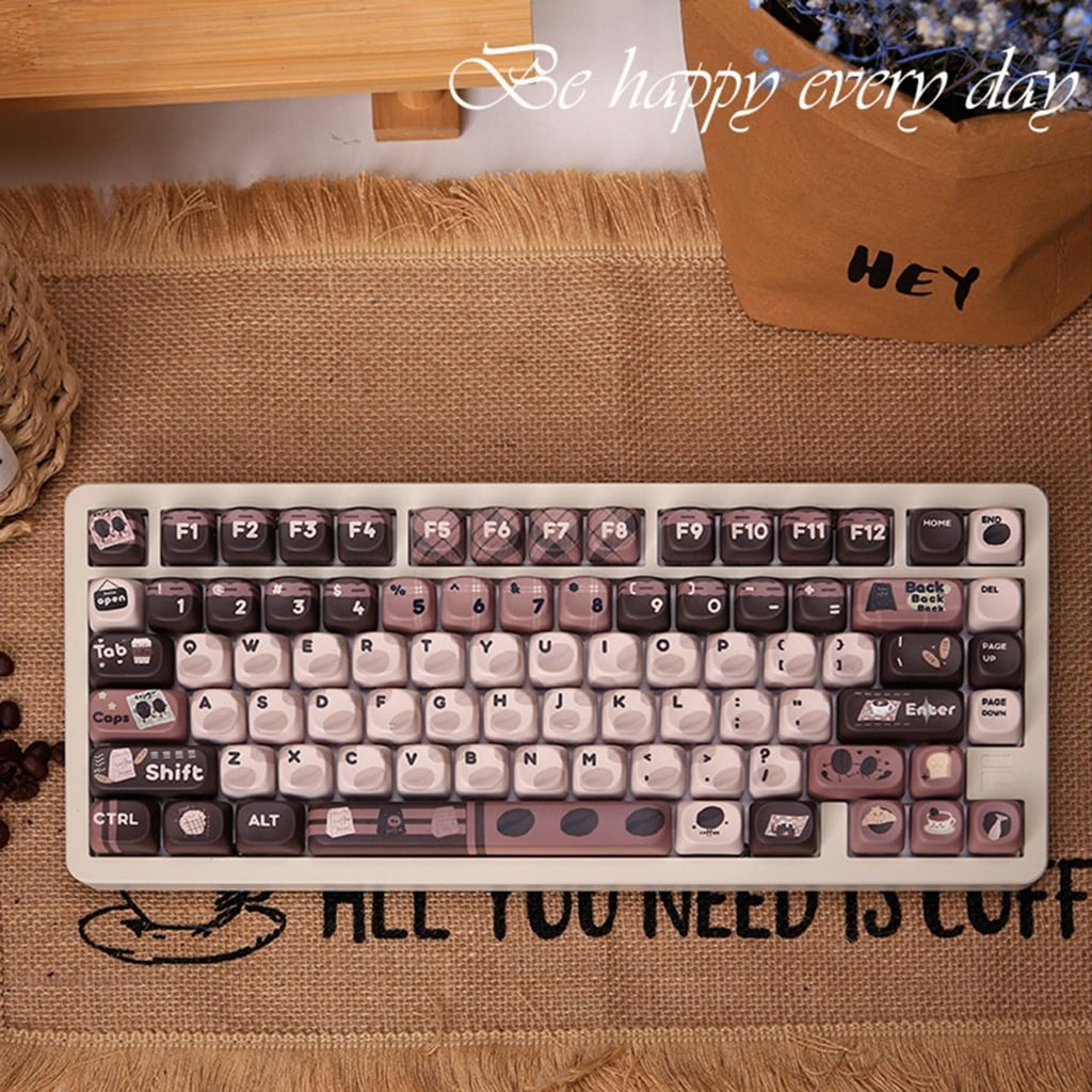 PBT Keycaps Set 131Keys MOA Height Heat Sublimated Cartoon Coffee Beans Theme for Mechanical Keyboards