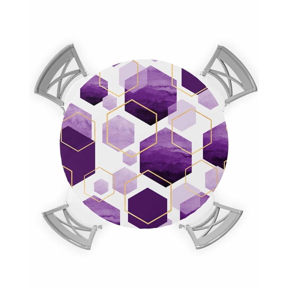 nqOlkjepod Purple Geometric Round Tablecloth, Fitted Table Cover with Elastic for 36"-44" Round Tables, Gold White Hexagon Modern Table Cloth Outdoor Indoor Dinning Party Waterproof Tablecloths