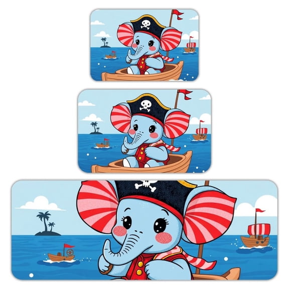 RKSupls Kitchen Rug Set 3 Piece Anti-Slip Flannel Floor Mats, Elephant Pirate Cute Washable Absorbent Runner Mats for Kitchen Bathroom Home Decor