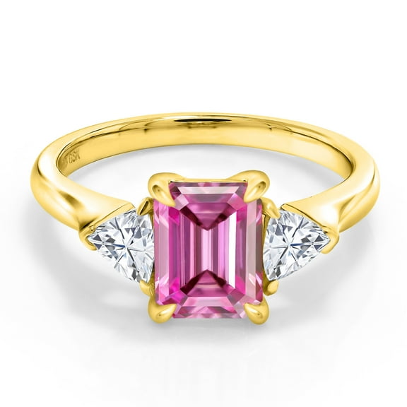 Gem Stone King 18K Yellow Gold Plated Silver 3-Stone Ring Set with Octagon Pink Moissanite and Moissanite (2.07 Cttw, Size 7)