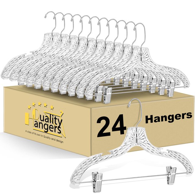 Perchas de plástico para faldas, 24 unidades, talladas en cristal, con clips ajustables