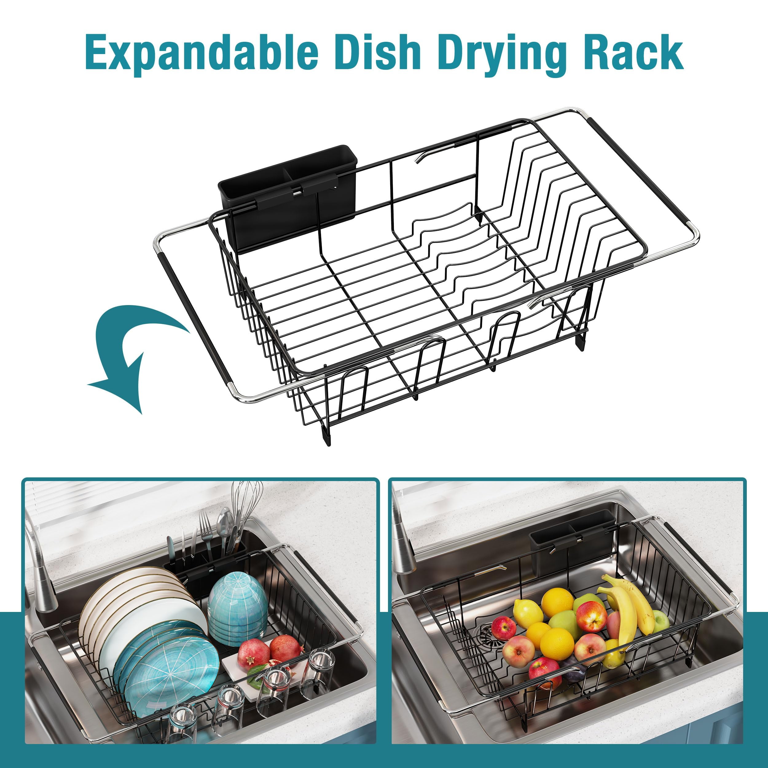 TAVENE Dish Drying Rack in Sink, Over The Sink Colander Strainer Basket, Stainless Steel Strainer Basket with Expandable Rubber Grip Handles for Vegetables, Fruits, Home Kitchen Essentials, Black