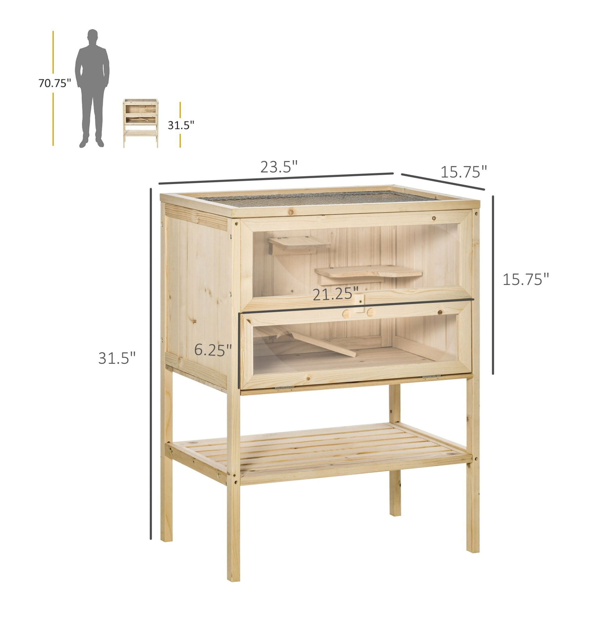 3-Tier Wooden Large Hamster Cage, Mice and Rat Cage Small Animals Hutch with Openable Top, Front Door, , Nature