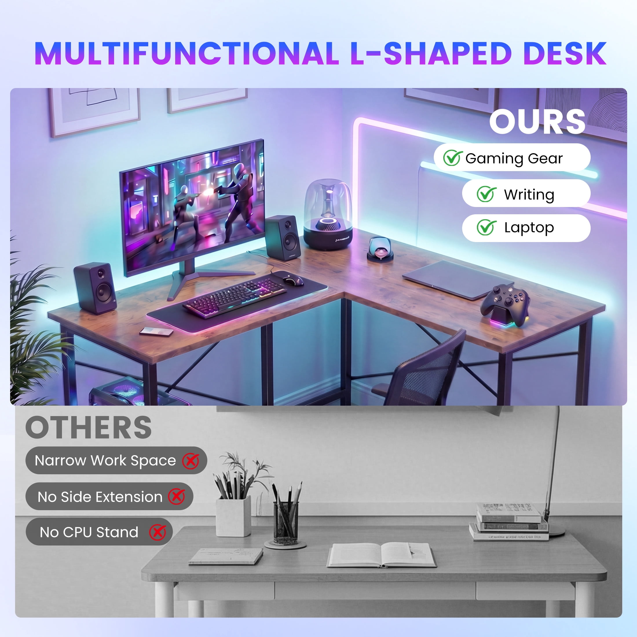 edx 50 Inch L Shaped Computer Desk, Corner Executive Desks Gaming Desk PC Table with CPU Stand for Home Office Dorm Sturdy Writing Workstation, Rust