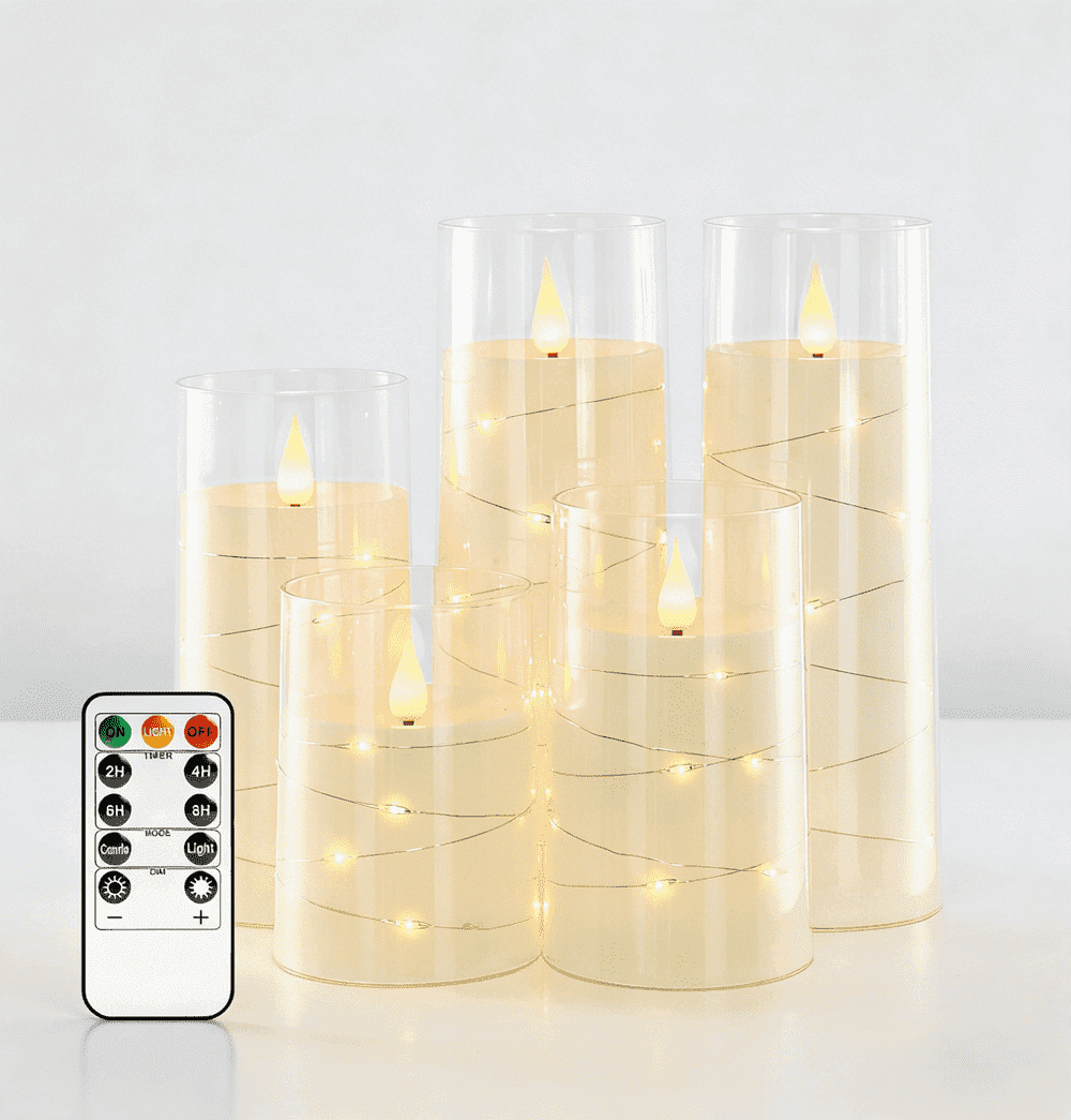 Homemory Pure White Flameless Candles with Embedded Star String Fairy Lights, Battery Operated Candles, LED Candles, Fake Candles with Remote Control and Timer, Set of 5(H4 5" 6" 8" 8")