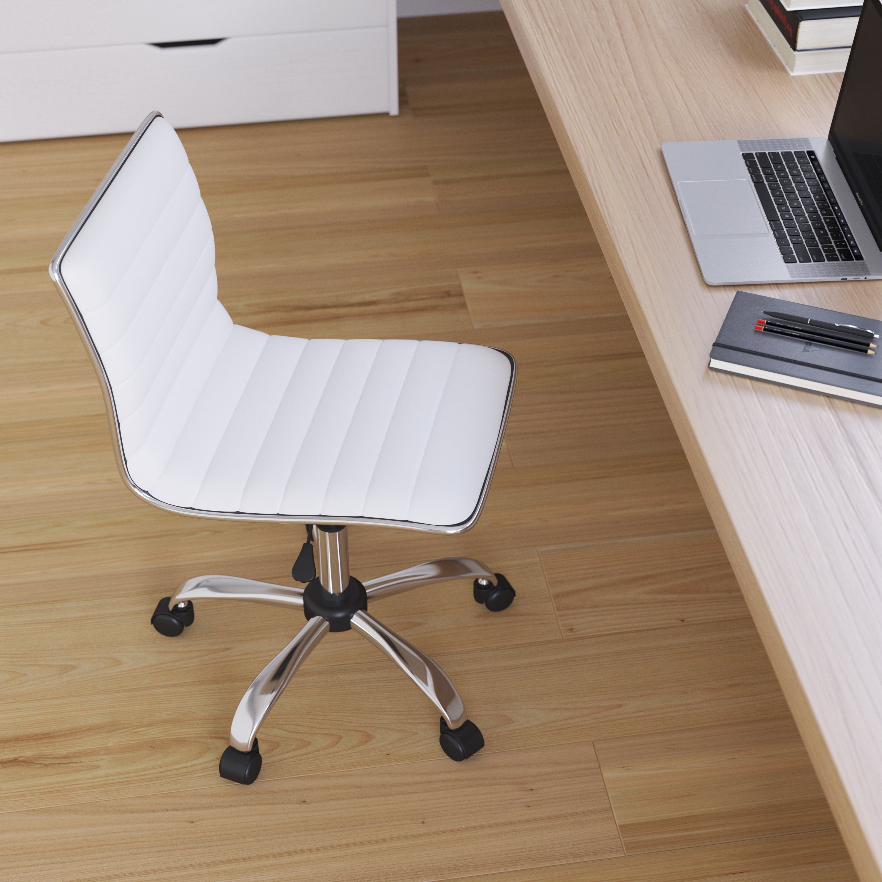 Merrick Lane Home Office Chair Ergonomic White Ribbed Low Back and Seat Armless Contemporary Computer Desk Chair with Chrome Border