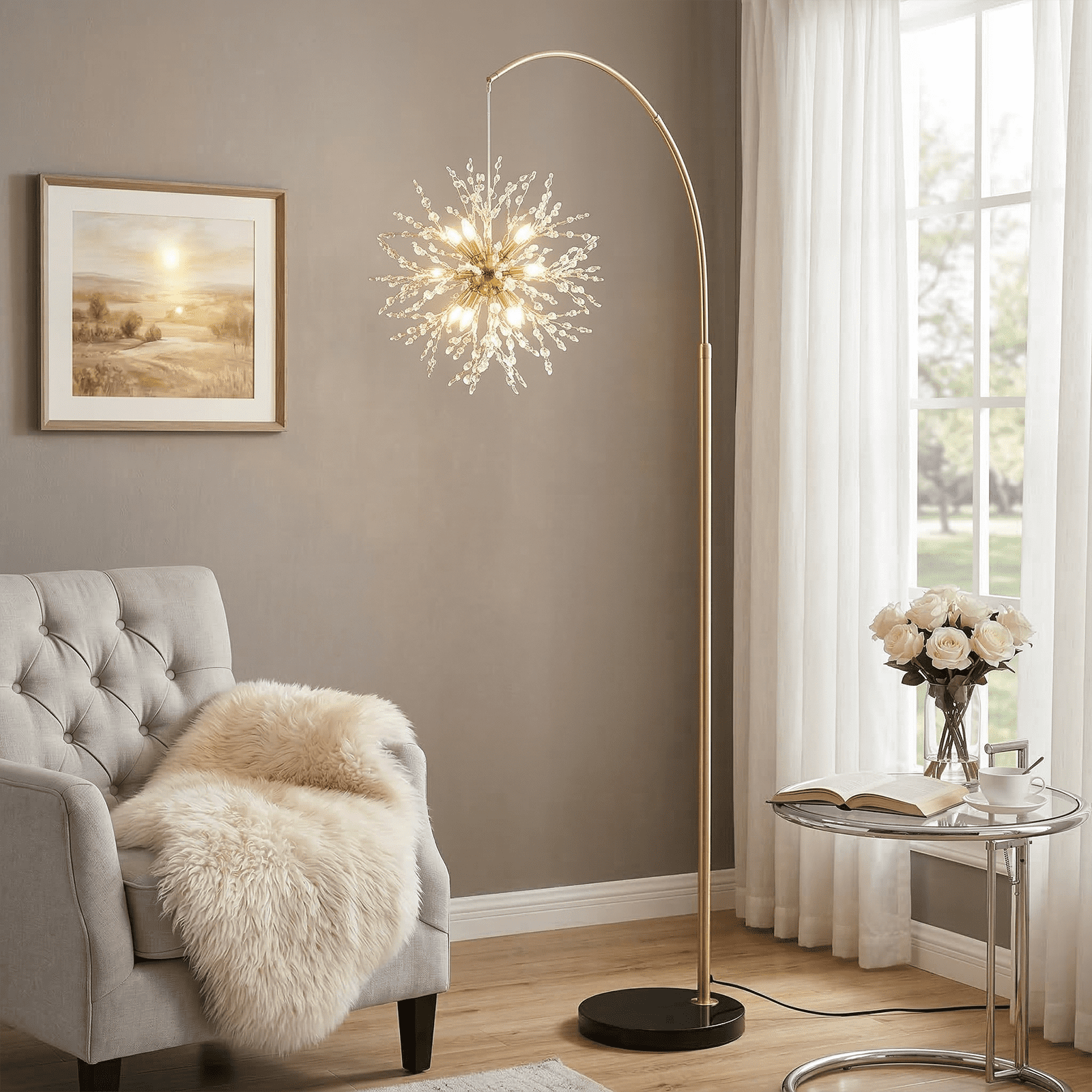 SERBASIC Crystal Floor Lamp for Living Room, Modern Standing Lamp with Heavy Duty Marble Base and Foot Switch, Tall Lamp with K9 Crystal for Bedroom Office