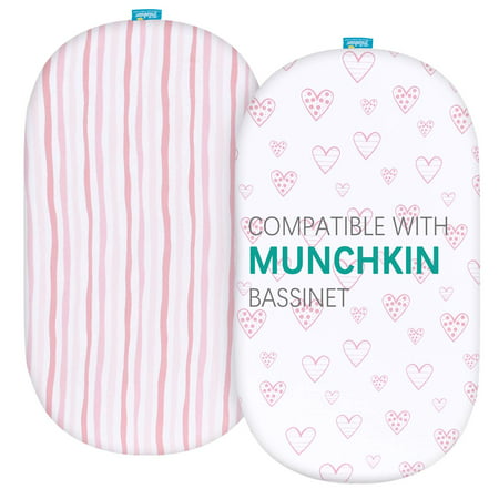 Bassinet Fitted Sheets Compatible with Munchkin Brica Fold N' Go Travel Bassinet, 2 Pack, 100% Jersey Cotton Fitted Sheets, Breathable and Heavenly Soft, Pink Stripes and Hearts Print for Baby Girl