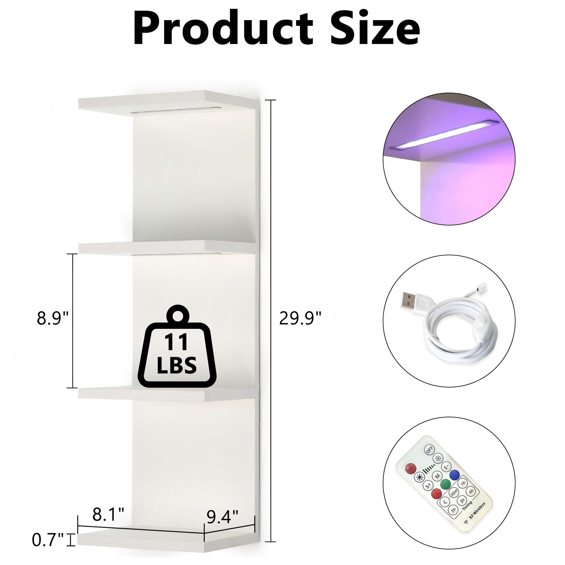 4-Tier Wall Shelf with 10 Rgb Lighting Modes, Multifunctional Wall Mounted Vertical Display Floating Shelf for Bedroom Living Room Vanity, White