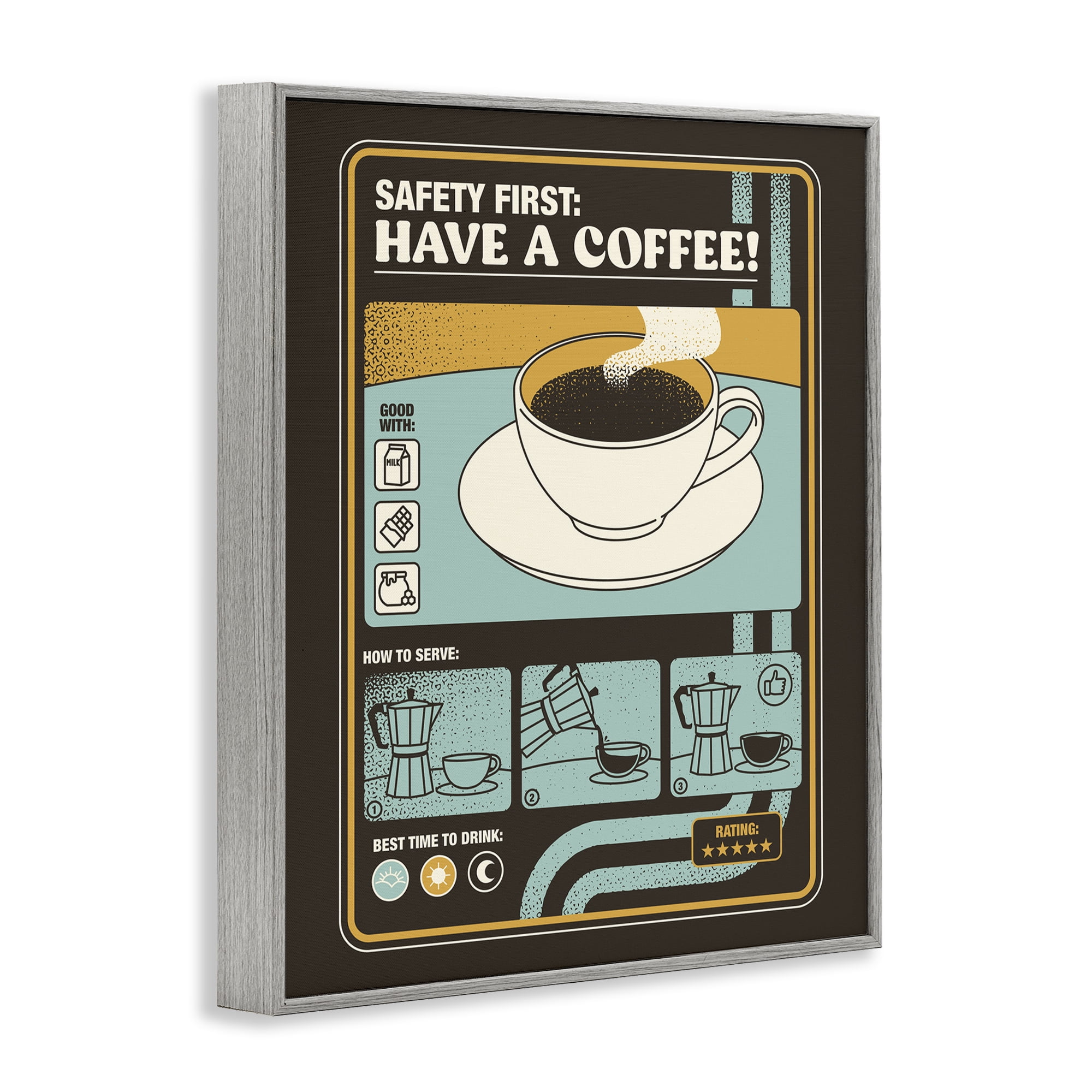 Stupell Industries Safety First Have A Coffee Gray Framed Giclee Art, design by Tobe Fonseca