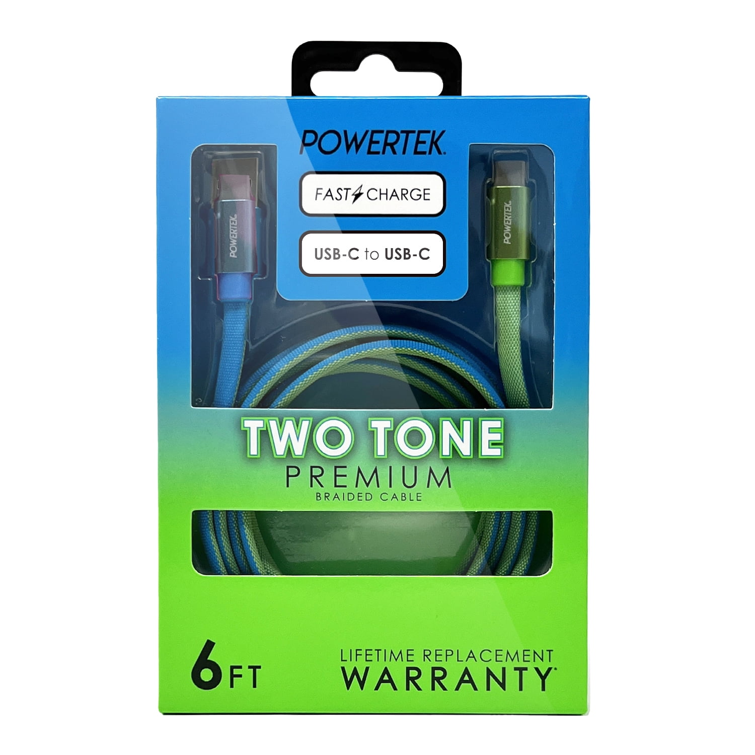Liquipel Powertek Neon Two Tone 6' USB-C to USB-C Cable, Blue and Green