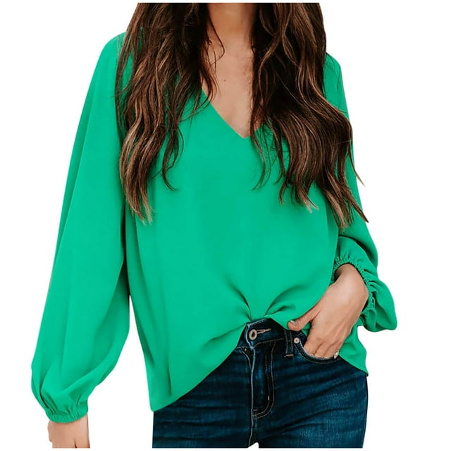 Blouses for Women Deep V Neck Long Sleeve Solid Color Pullover Loose Pullover Shirt Ladies Leisure Fall Tops