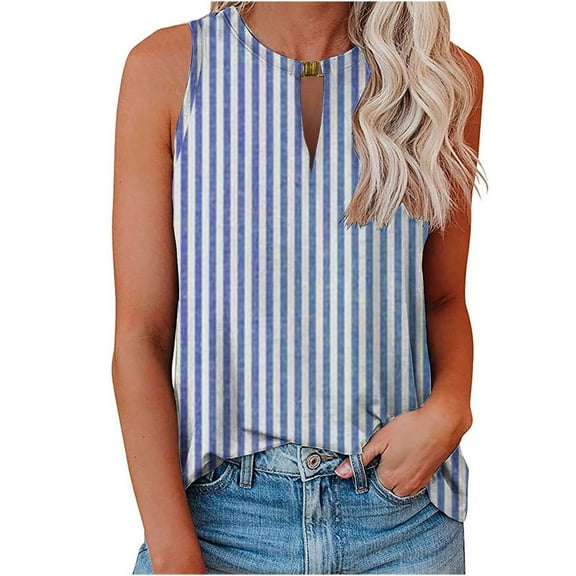 Women Keyhole Neck Tanks Striped Sleeveless Tank Top Lady Comfy Camisole Trendy Loose Summer Vest