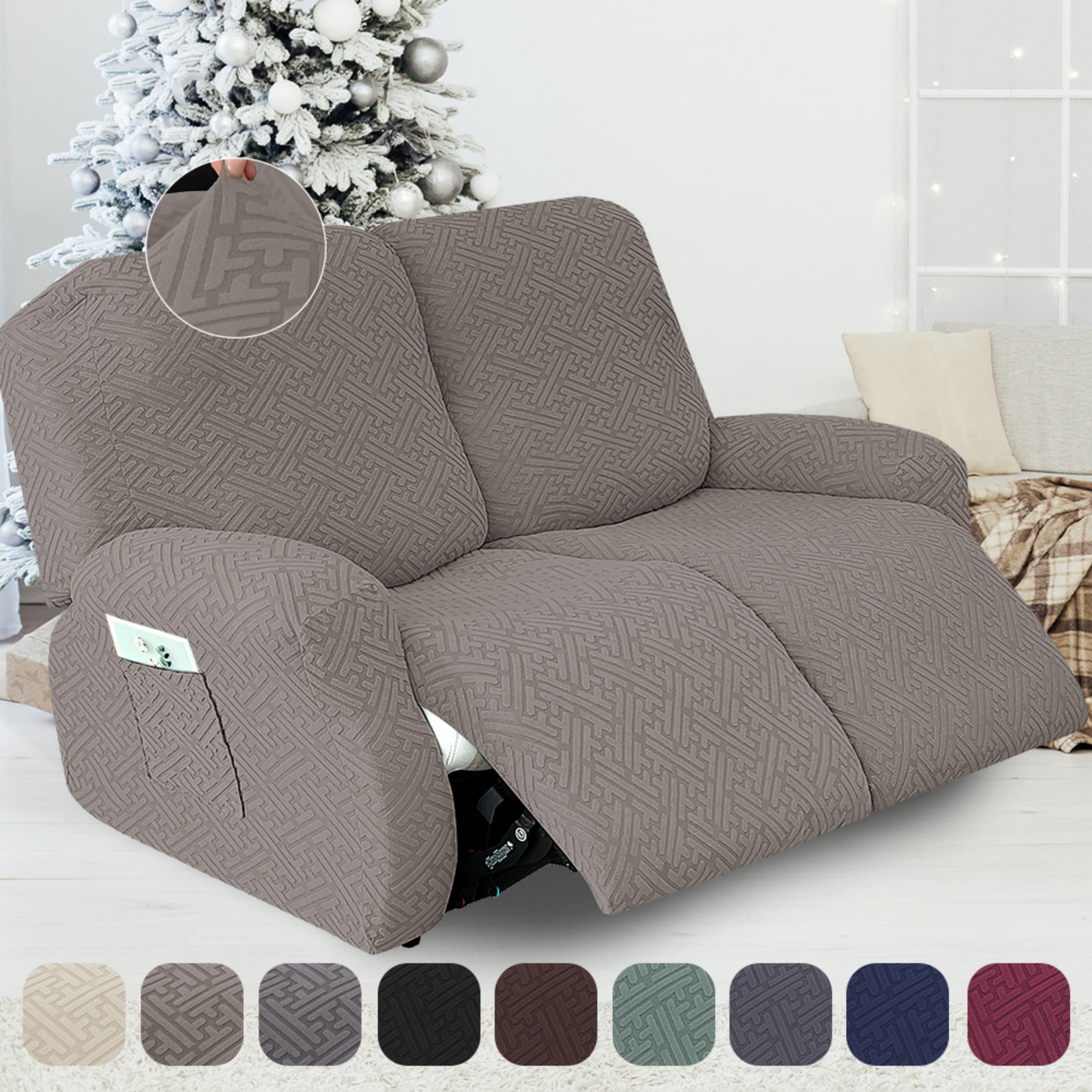 Lavish Cover Stretch Recliner Loveseat Cover, Non-Slip Slipcovers for Recliner Loveseat, Washable Furniture Protector with Pocket & Elastic Bottom for Kids Pets, 2 Seaters, Gray Green