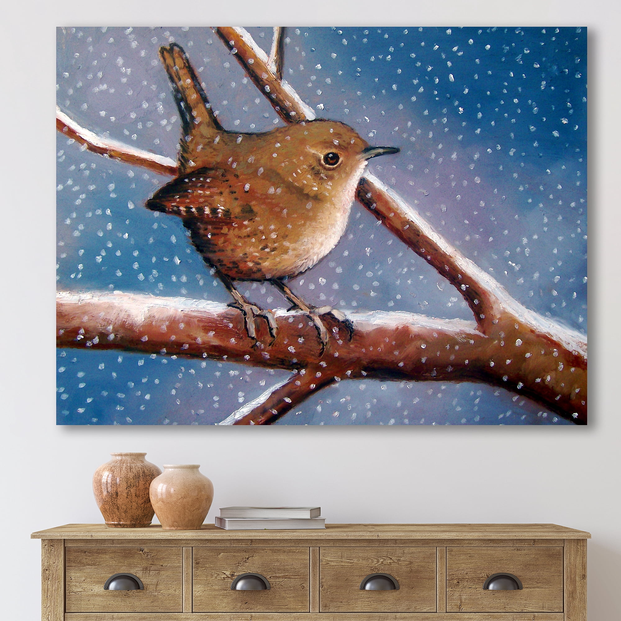 Designart ' Wren Bird On Branch In Winter ' Farmhouse Canvas Wall Art Print