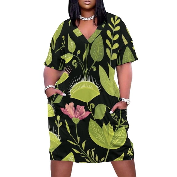 Dark Floral Seamless Pattern Vibrant Plants Summer Sundress for Curve Women Casual Pattern Plus Size V Neck Short Sleeve Loose Fit Oversize Dresses