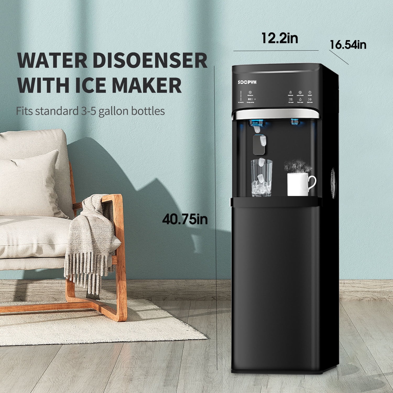 SOOPYK Bottom Load Water Dispenser with Built-In Ice Maker,3-Temp (Cold/Hot/Room), 22lbs/Day, Self-Clean, Child Lock | Fits 5 Gallon Bottles, Black