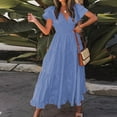 thumbnail image 4 of Baqcunre Womens Dresses New V Neck Summer Fashion Ruffle Short Sleeve Large Swing Mid Length Dress Summer Dresses 2023 Midi Dresses For Women Blue Dress XL, 4 of 6
