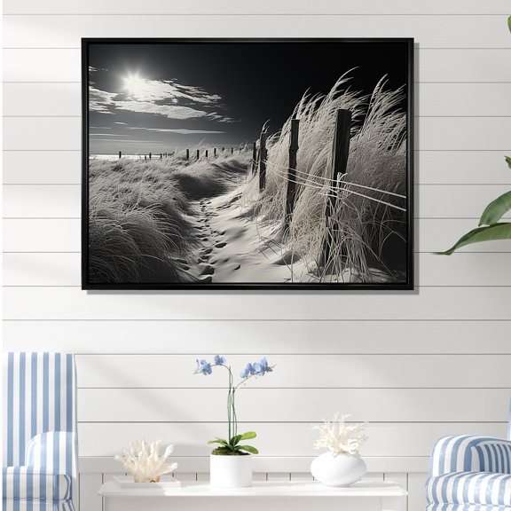 Designart "Monochromatic Beach Grass Horizon" Beach Floater Framed Wall Decor