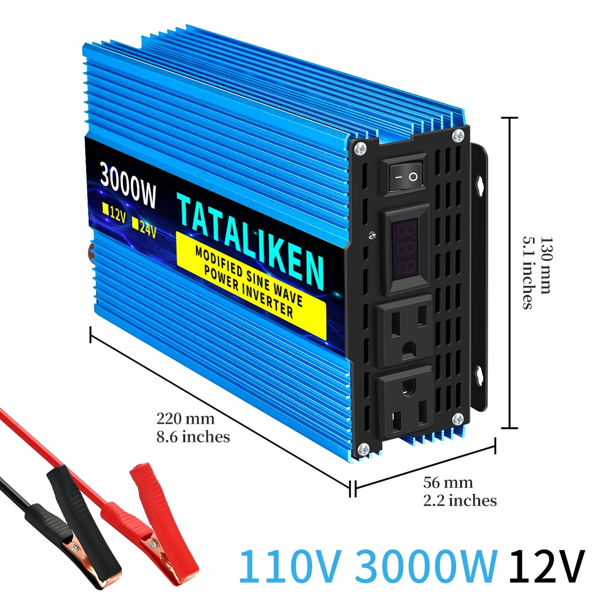 TATALIKEN 3000W（Rating power 1200 W）Power Inverter DC 12V to AC 110V/120V Car Inverter with Battery Clamp Cable 2 AC Outlets for Power Tools Home Vehicles RV Truck, LCD Display Blue