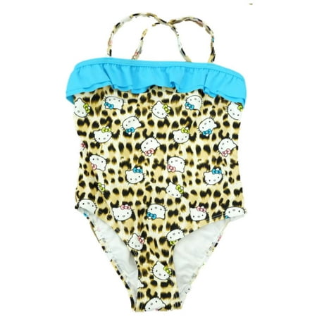 Hello Kitty Girls Leopard Print Swimming Suit Swim Ruffle Bathing Suit 1 Piece