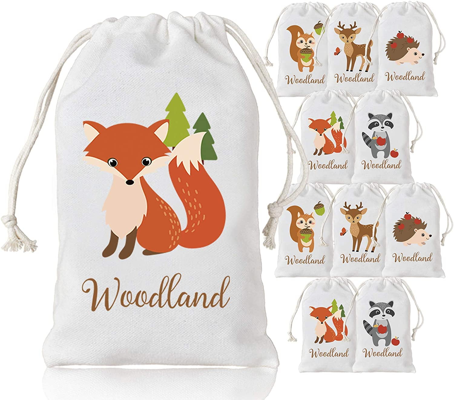 Woodland Creatures Favor Bags Baby Shower Candy Treat Gift Bags Goodie Drawstring Woodland Bags 5 x 8'' 10 Pack