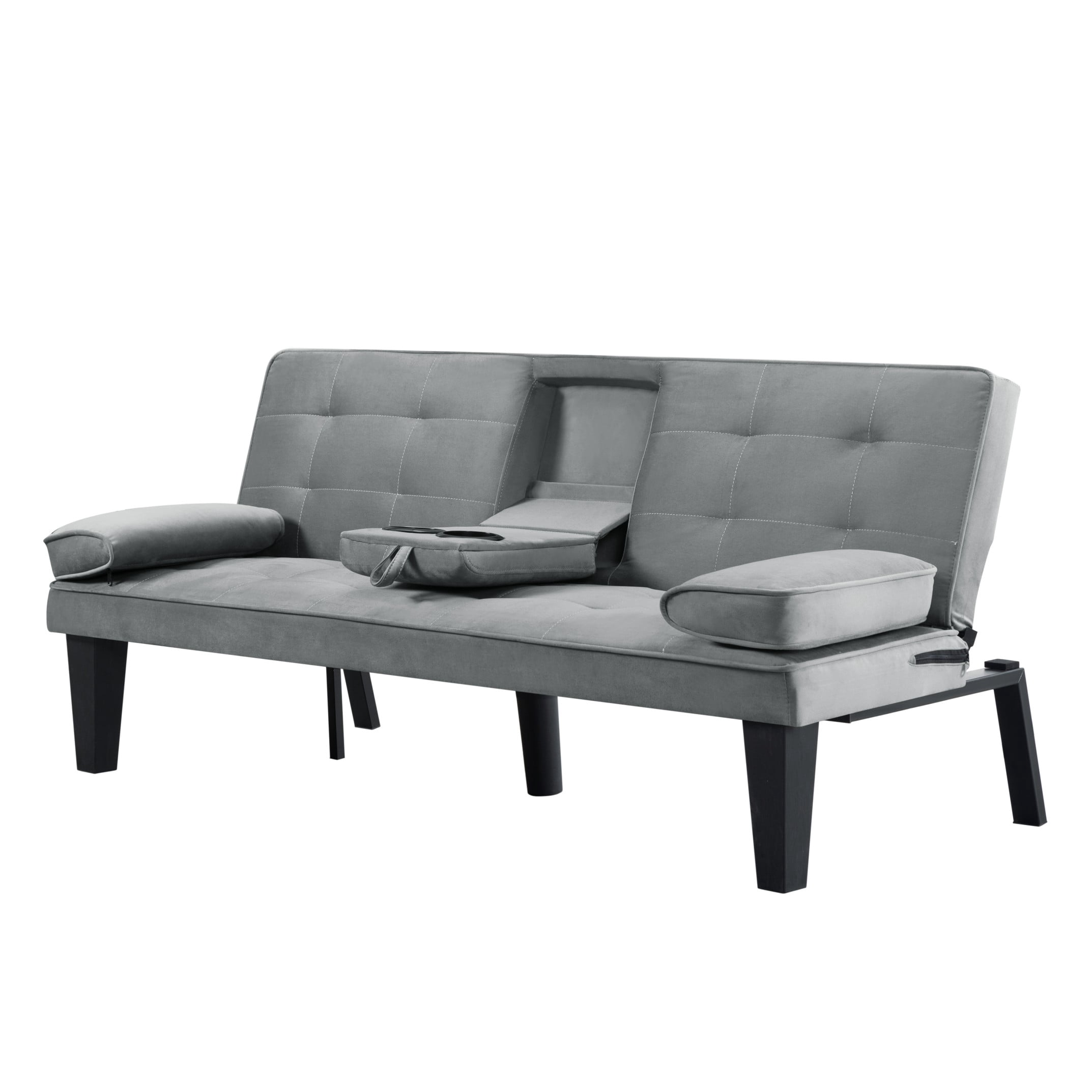BSHTI 65" Futon Sleeper Sofa Bed with Drop-Down Middle Back & 2 Cup Holders, 3-Position Adjustable Backrest, Velvet Upholstery, Removable Arm Cushions,Gray Velvet