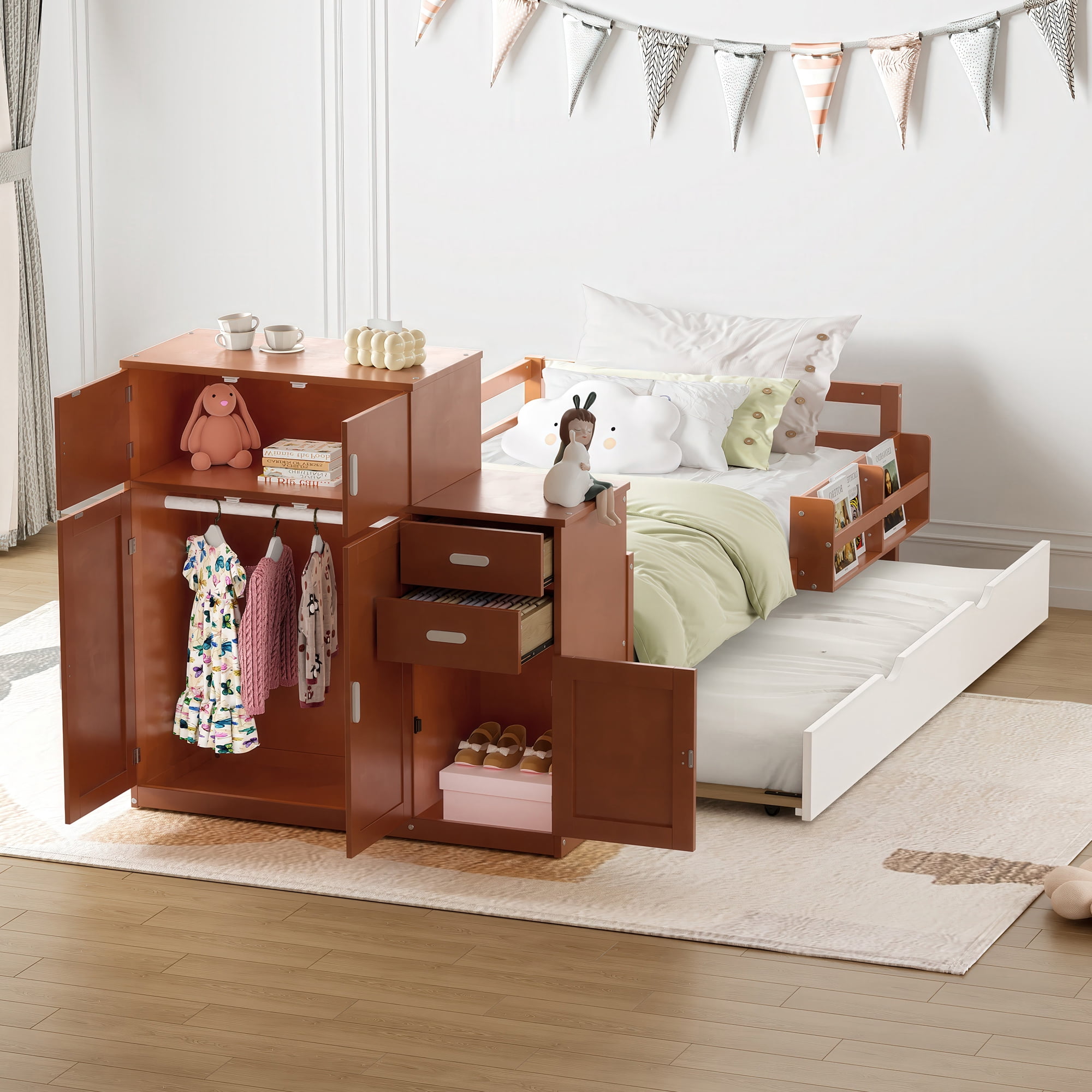 Euroco Wood Twin Size Daybed with Trundle, Storage Bed with Bookcase and Wardrobe, Walnut