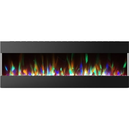 Hanover Fireside 60 In. Recessed/Wall-Mounted Electric Fireplace with Crystals and LED Color-Changing Flame Display  Black