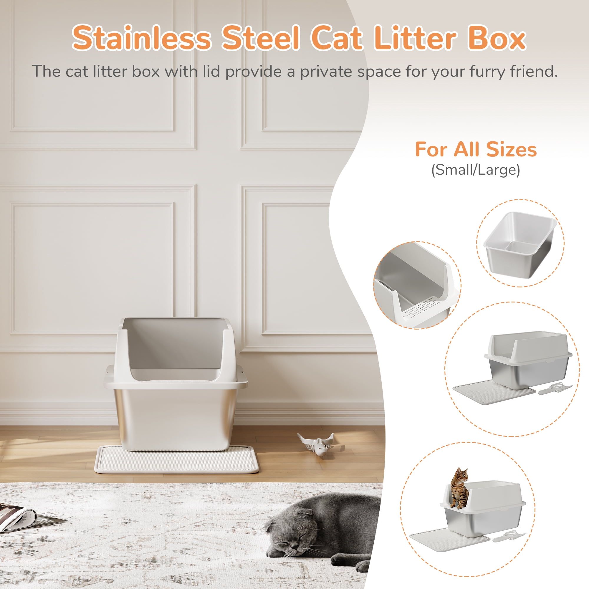 Garvee Large Stainless Steel Cat Litter Box with Lid, Enclosed Metal Litter Box for Big Cats, High Sided Anti-Leakage Design with Scoop and Mat, Odor Control with Carbon Filter