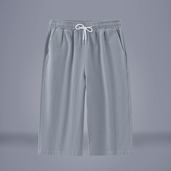 RKSTN Cotton Linen Capri Pants for Men Plus Size Drawstring Waist Lightweight Straight Leg Breathable Daily Commute Summer Pants for Men with Pockets (Gray ,XXXXL)