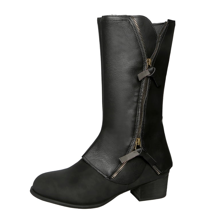 Pandaie Women's Fold Over Boots Chunky Heel Mid Calf Slouchy