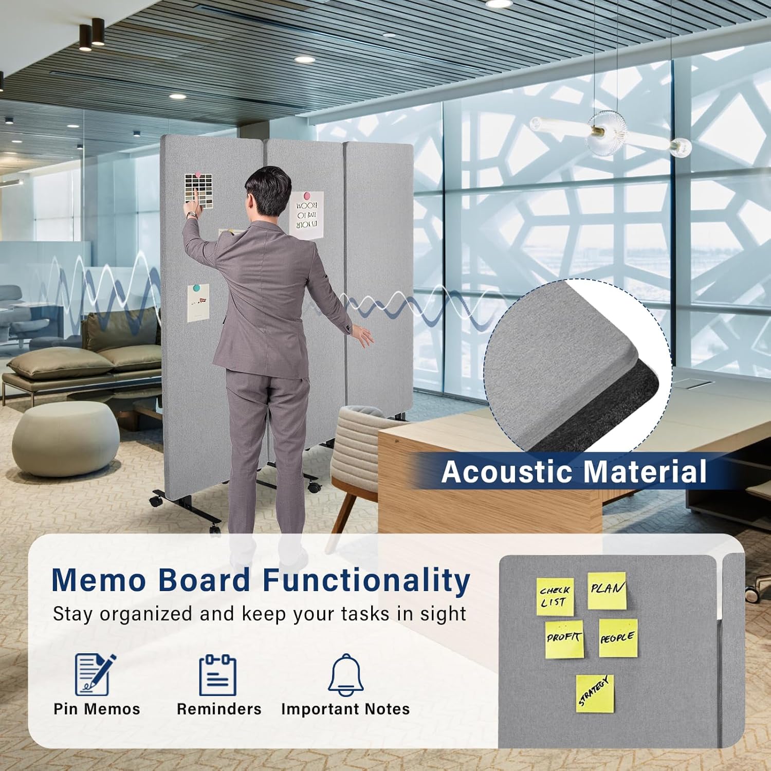 Sound Dampening Room Divider 72 x 66in, 3-Panel Rolling Partition Wall, Wheeled Acoustic Barrier for Home and Office Spaces(Light Gray)