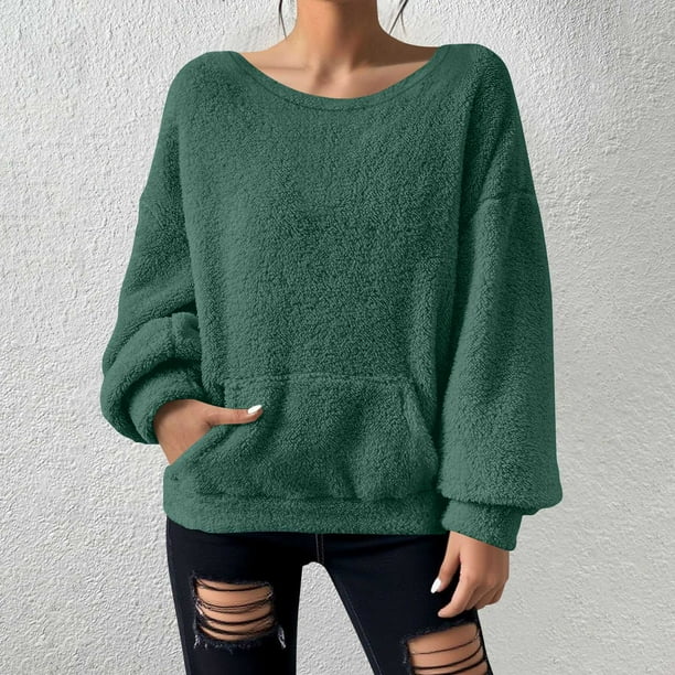 HongQid Women's Long Sleeves Crew Neck Fleece Pullover Sweatshirts with Pocket