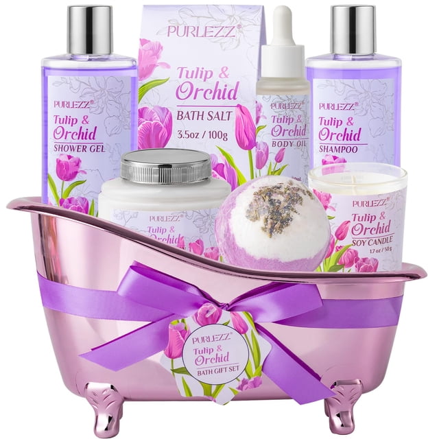 Cesta de regalo Purlezz Spa para mujer, kit de cuidado personal con aroma a tulipán y orquídea, regalos para el cuerpo y el baño