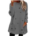 thumbnail image 3 of Women's Mid-Length Star Print Pullover, Double-Sided Fleece Hoodie, Loose Fit Round Neck Sweatshirt, Cozy Plush Long Sleeve Top, Kangaroo Pocket Casual Loungewear Grey L, 3 of 6