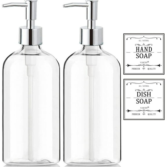 Clear Soap Dispenser with Rust Proof Pump, Waterproof Labels (2 Pack,16 Oz), Plastic Hand Soap Dish Soap Dispenser for Kitchen Bathroom
