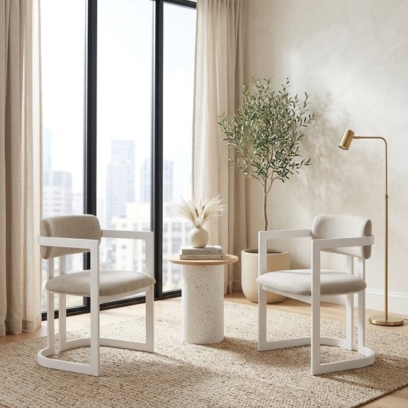 Upholstered Fabric Dining Chairs Set of 2 with White Metal Frame, Beige Seat